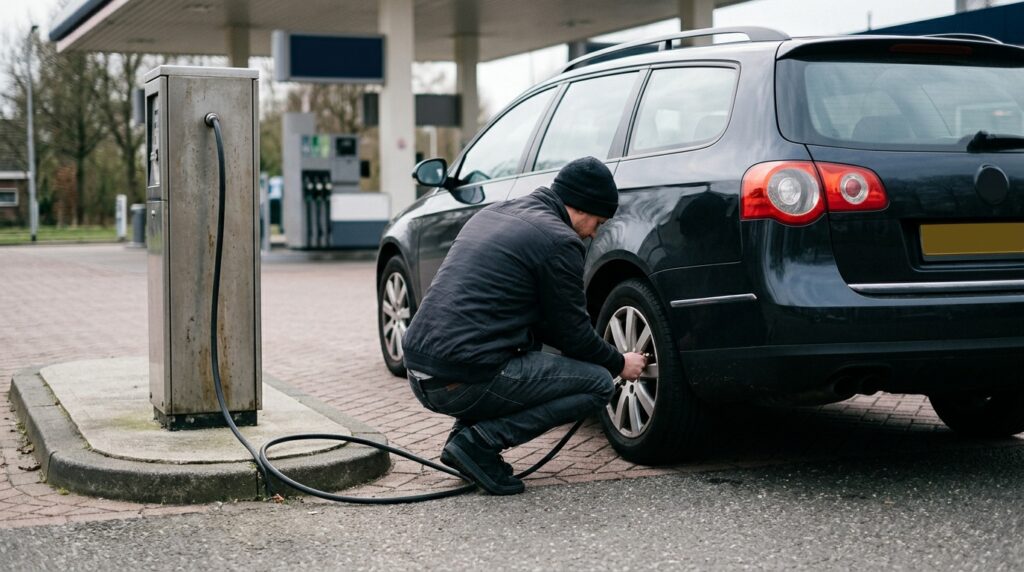 Band oppompen bij een tankstation
