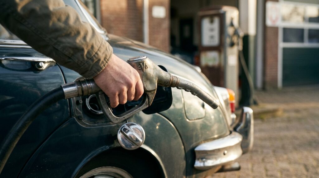 Klassieke auto wordt getankt