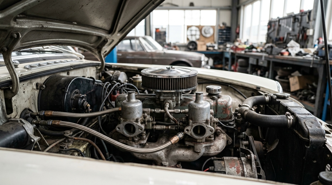 Motor van een klassieke auto met carburateurs