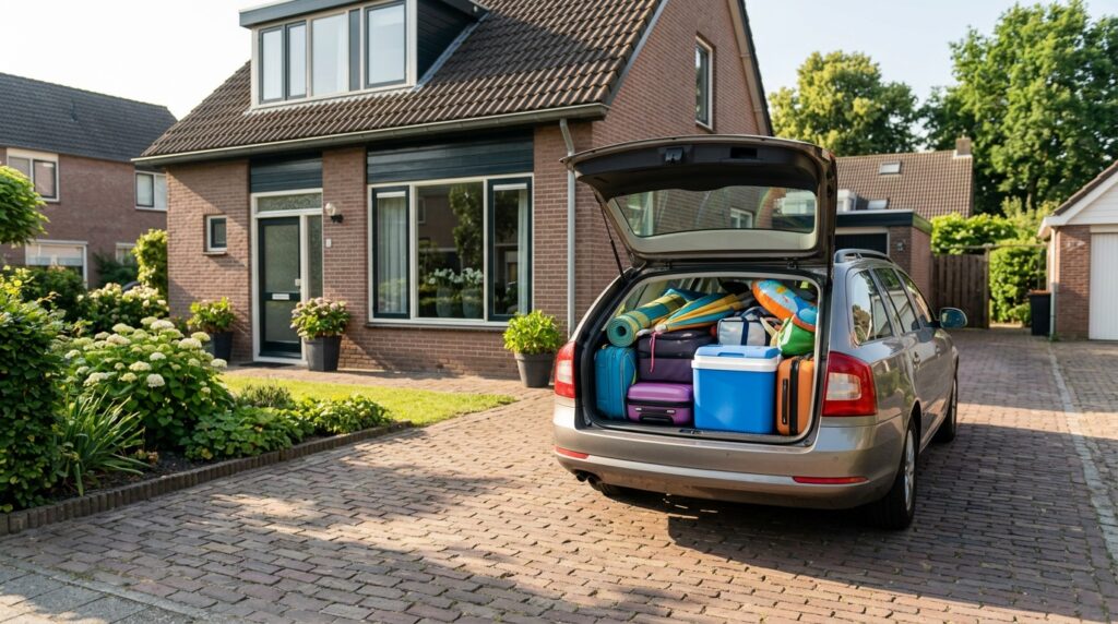 Auto met volgepakte kofferbak klaar voor de zomervakantie