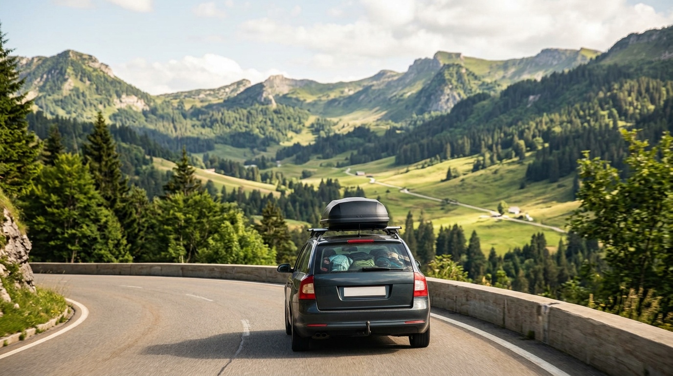 Auto met dakkoffer op een bergweg in de zomer
