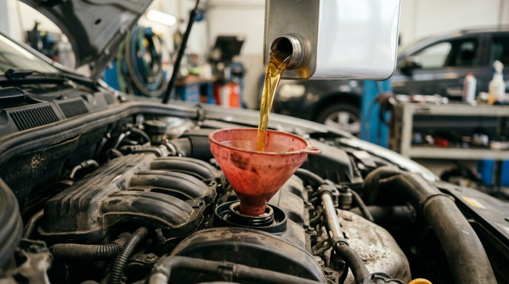 Verse motorolie wordt in de motor gegoten