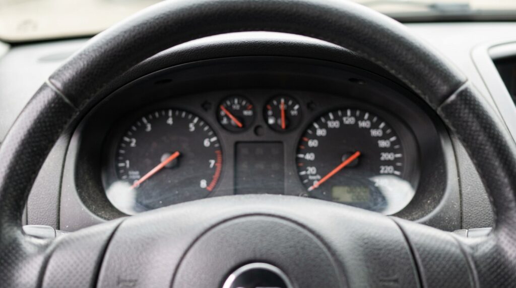 Instrumentenpaneel van een auto met kilometerteller