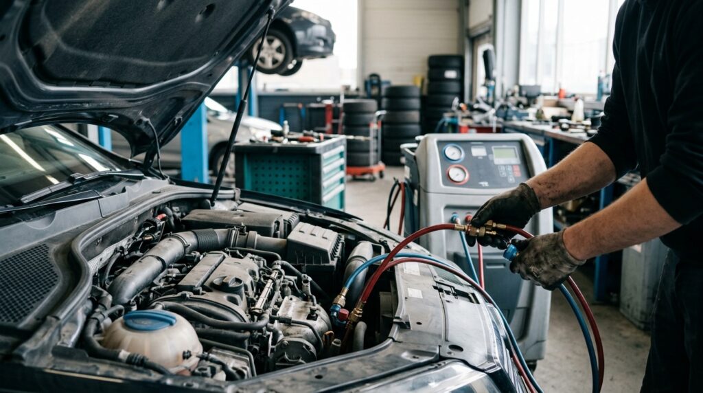 Airco-serviceapparaat aangesloten op een auto