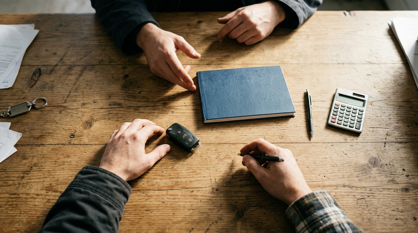 Autosleutel en onderhoudsboekje op tafel bij de aankoop van een gebruikte auto