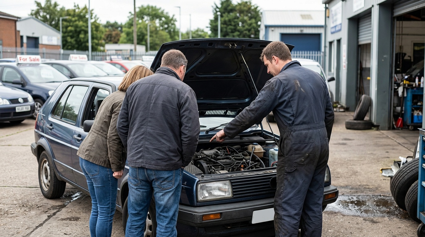 Kopers bekijken met een monteur de motor van een occasion