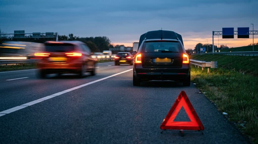 Auto met pech op de vluchtstrook met gevarendriehoek