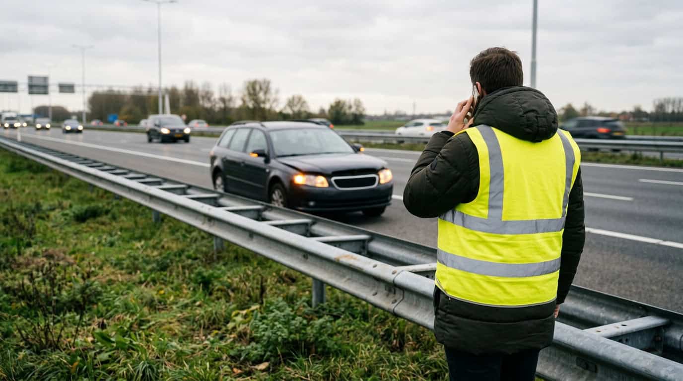Persoon in veiligheidshesje wacht achter de vangrail