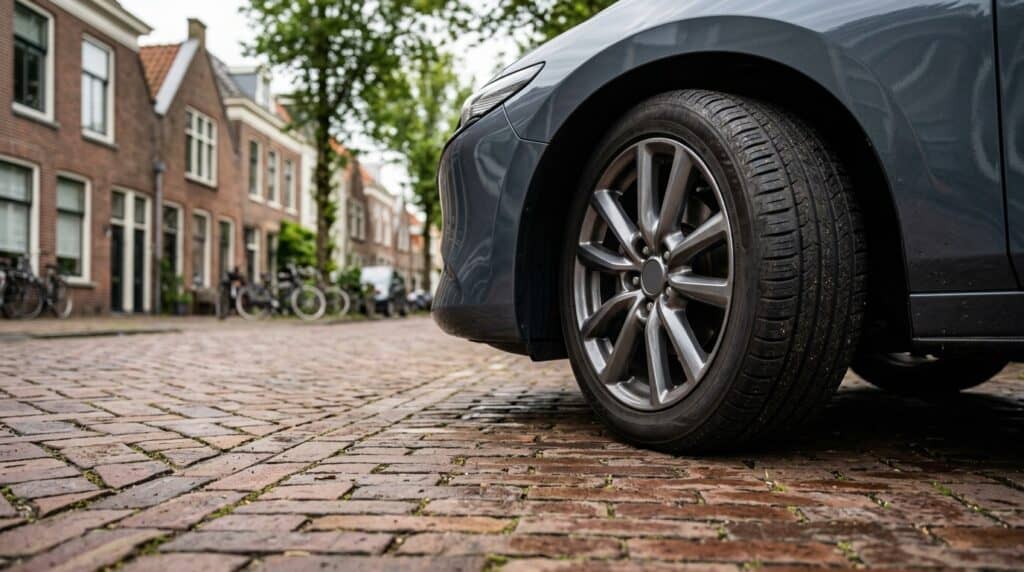 Voorband van een geparkeerde auto op een klinkerstraat