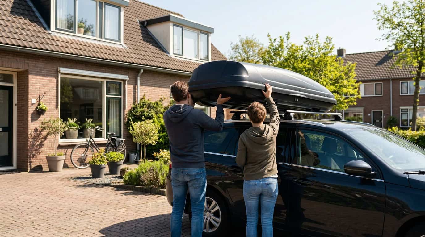 Dakkoffer wordt van het dak van een auto getild