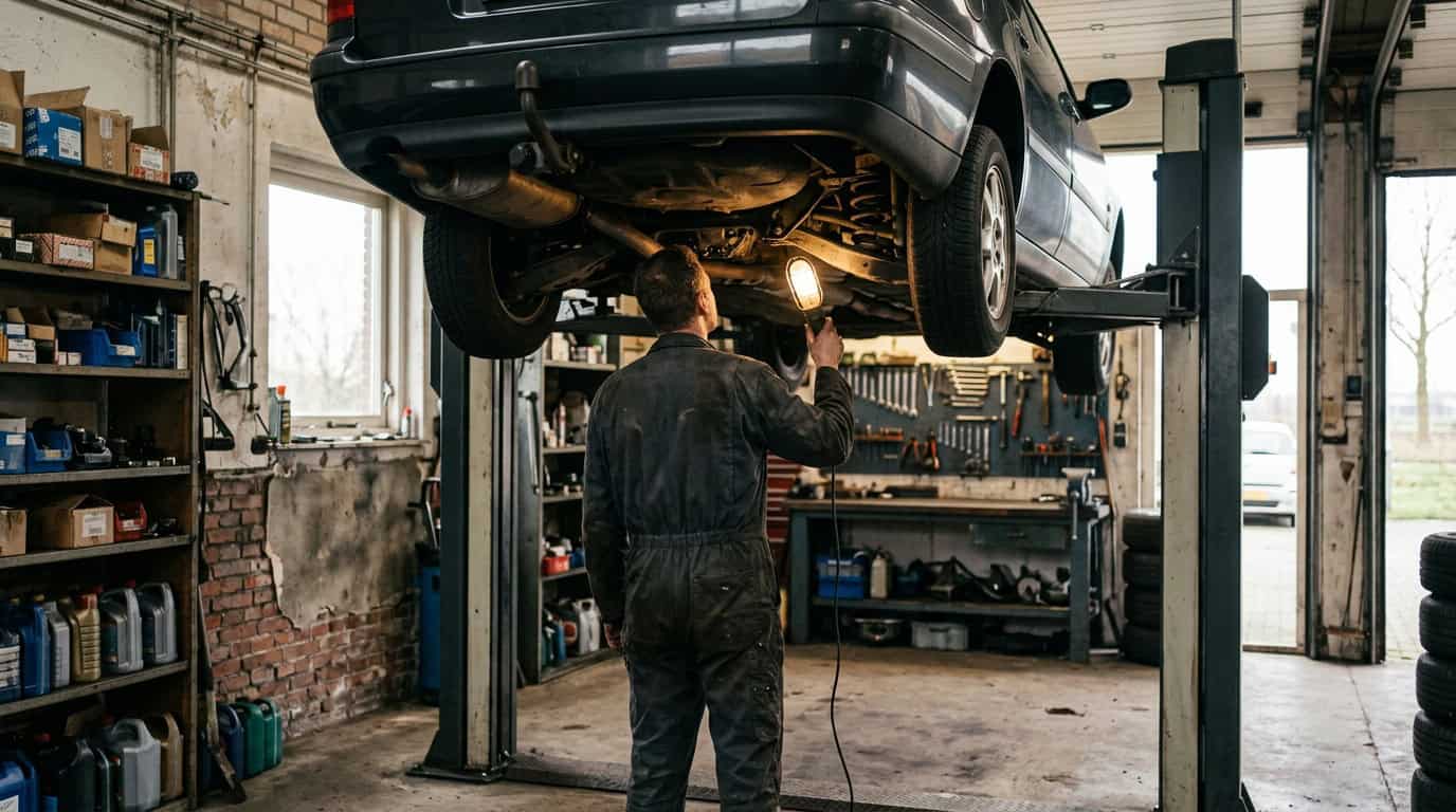 Monteur inspecteert de onderkant van een auto op de brug
