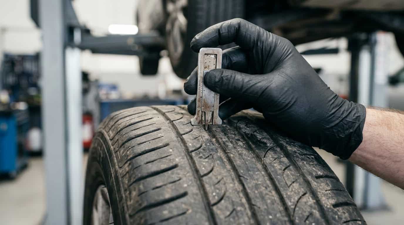 Profieldiepte van een autoband meten met een profieldieptemeter