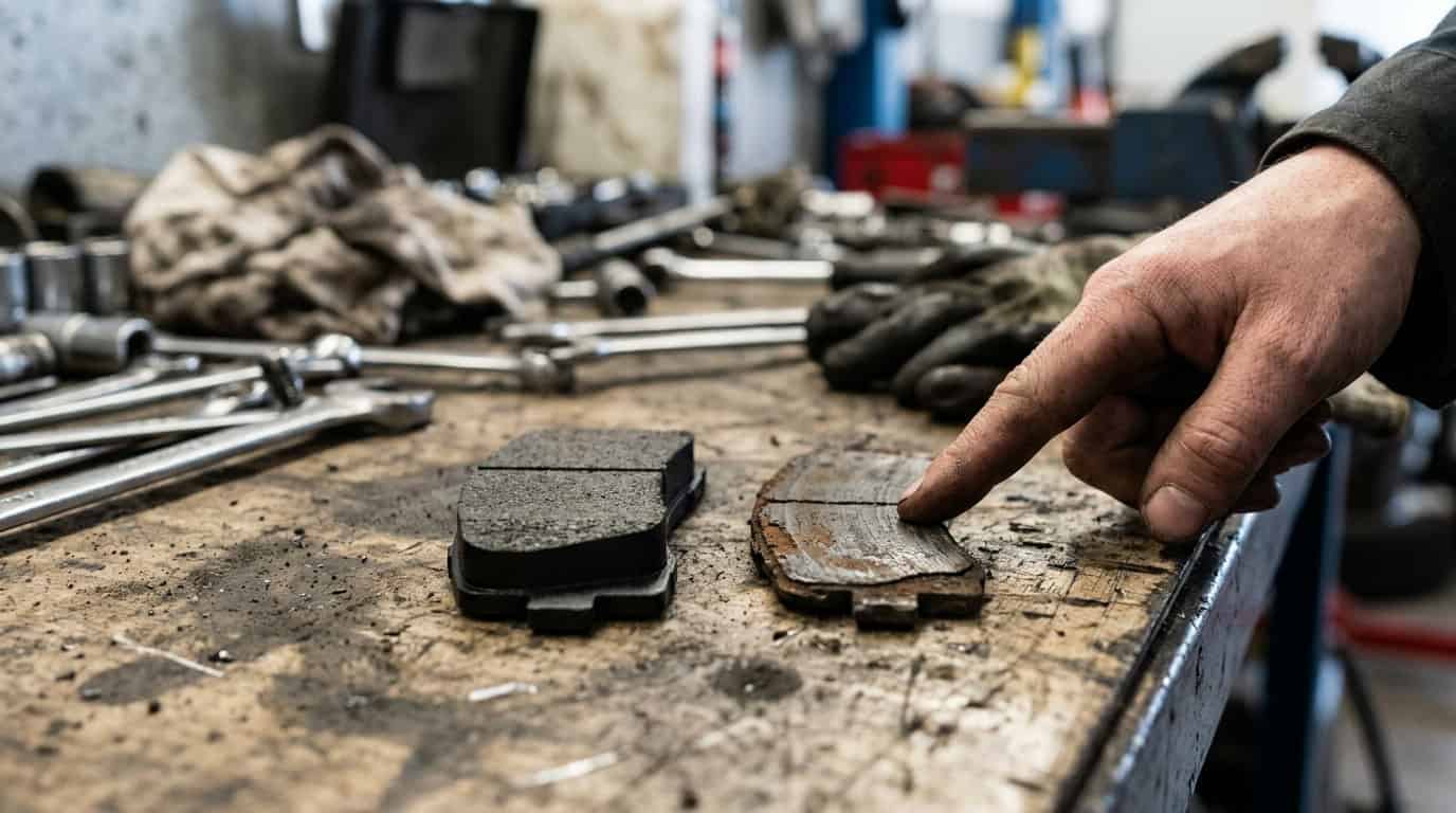 Versleten remblok naast een nieuw remblok
