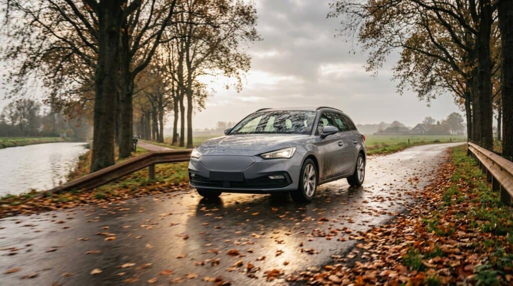 Auto op een natte herfstweg met gevallen bladeren
