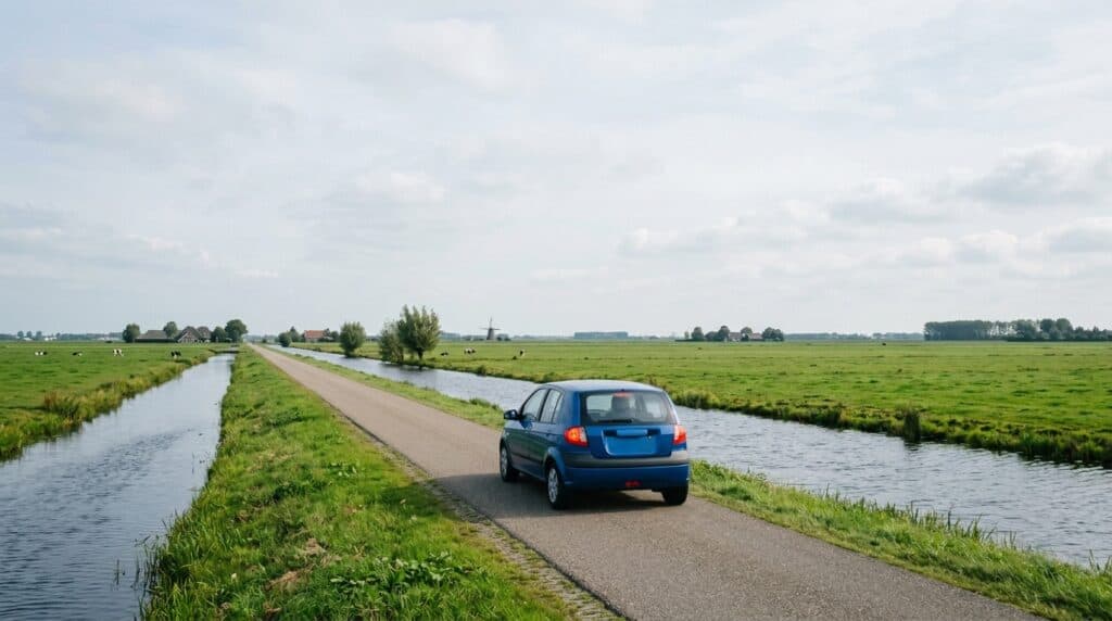 Auto rijdt met constante snelheid over een polderweg